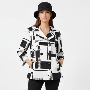 Sandro Black & White Graphic Print Button Up Pea Coat L NEW